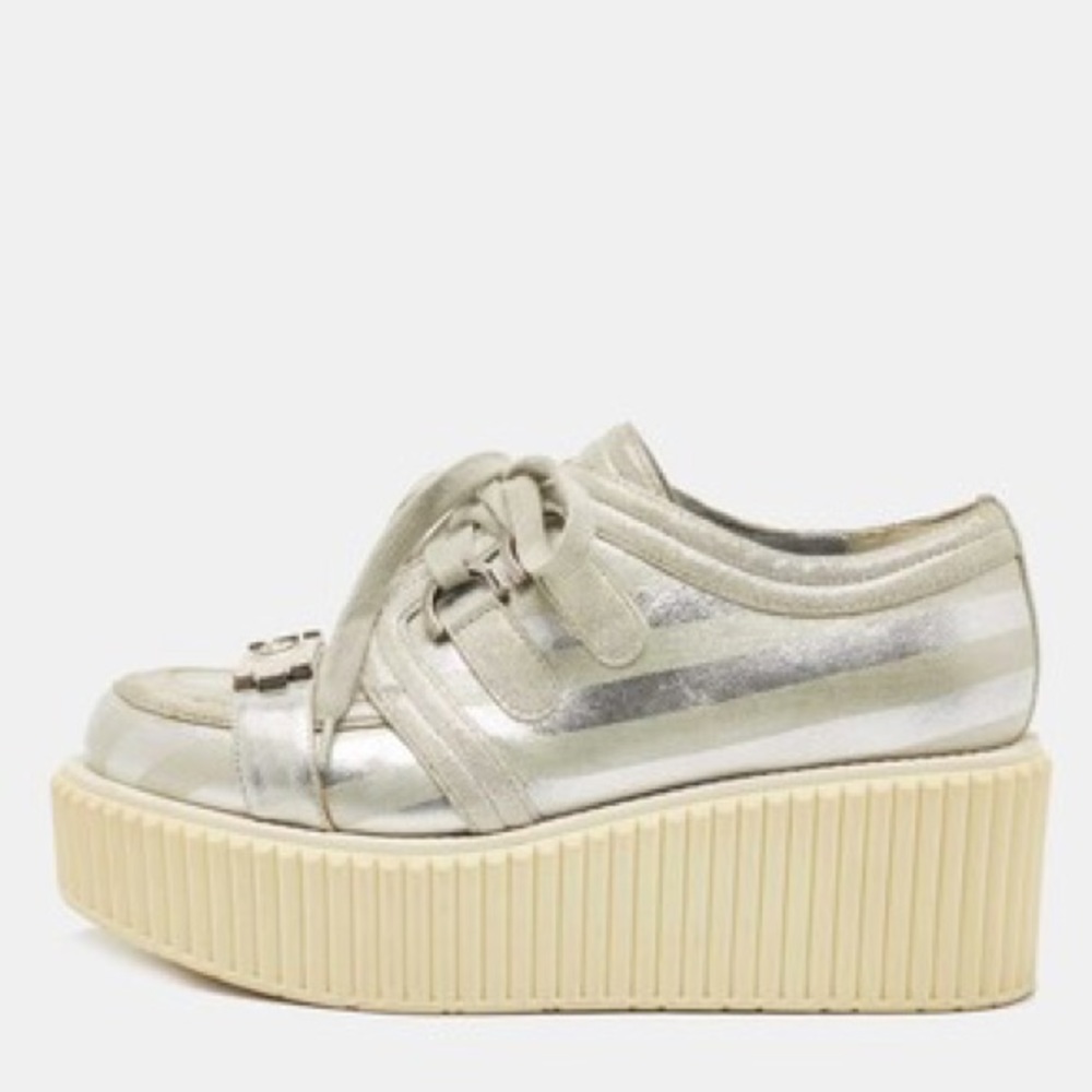 CHANEL Metallic silver Distressed Leather Creepers Platform Sneakers